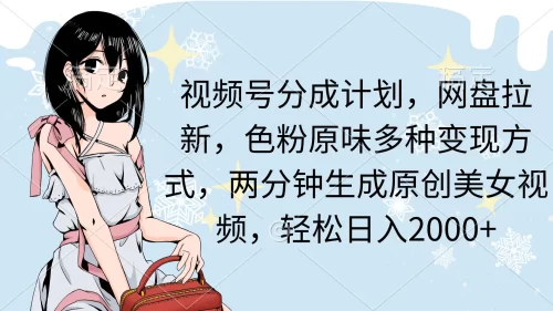 视频号分成计划，网盘拉新，***原味多种变现方式，两分钟生成原创美女…