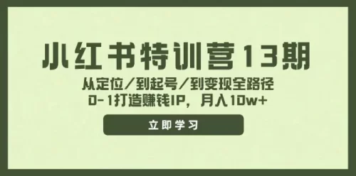 小红书特训营13期，从定位/到起号/到变现全路径，0-1打造赚钱IP，月入